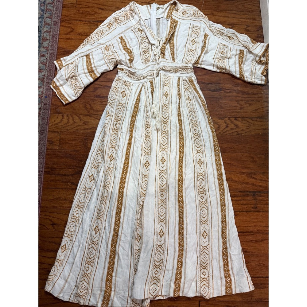 Millibon USA Boho Maxi Dress Large White Mustard Yellow Geometric Lace Up Tassel